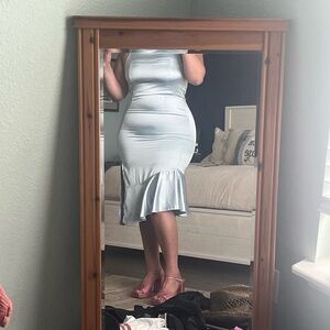 Baby Blue Silk Dress with Left Thigh Slit and Adjustable Straps